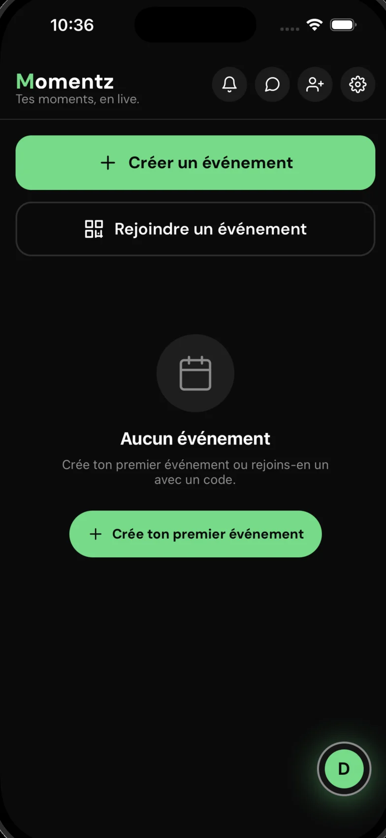 L'écran d'accueil de Momentz pendant un événement